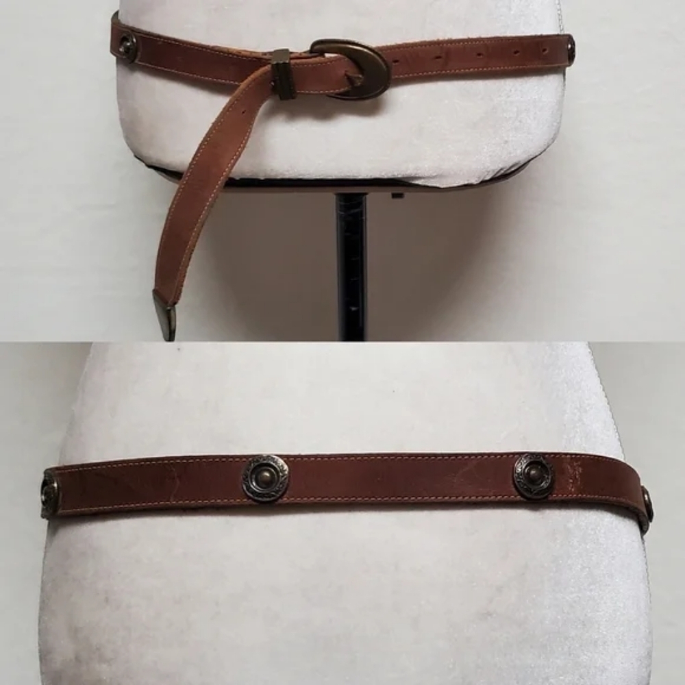 Unisex Vintage Joan & David Brown Leather Copper Stud Pointed Buckle Belt